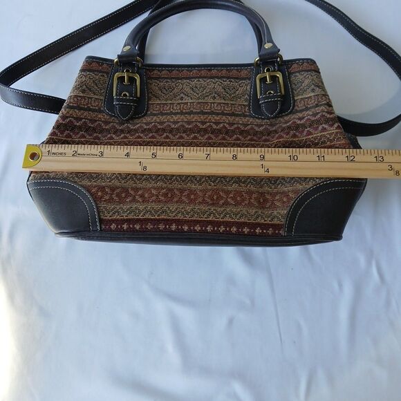 Relic By Fossil Woman’s Purse Brown Carpet Bag Leather Zippered Handles Straps - Picture 6 of 9